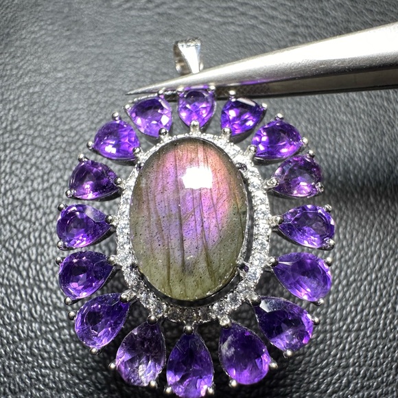 Labradorite & Amethyst 925 Silver Pendant Genuine Gems - Picture 7 of 11